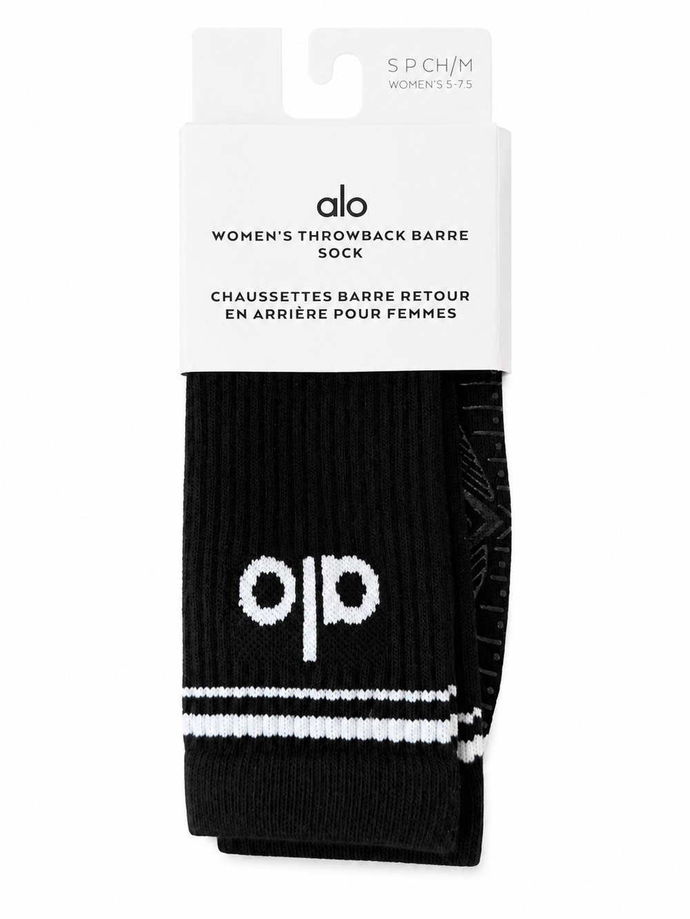 ALO Yoga Black Ribbed Throwback Barre Socks with White Stripe & Logo